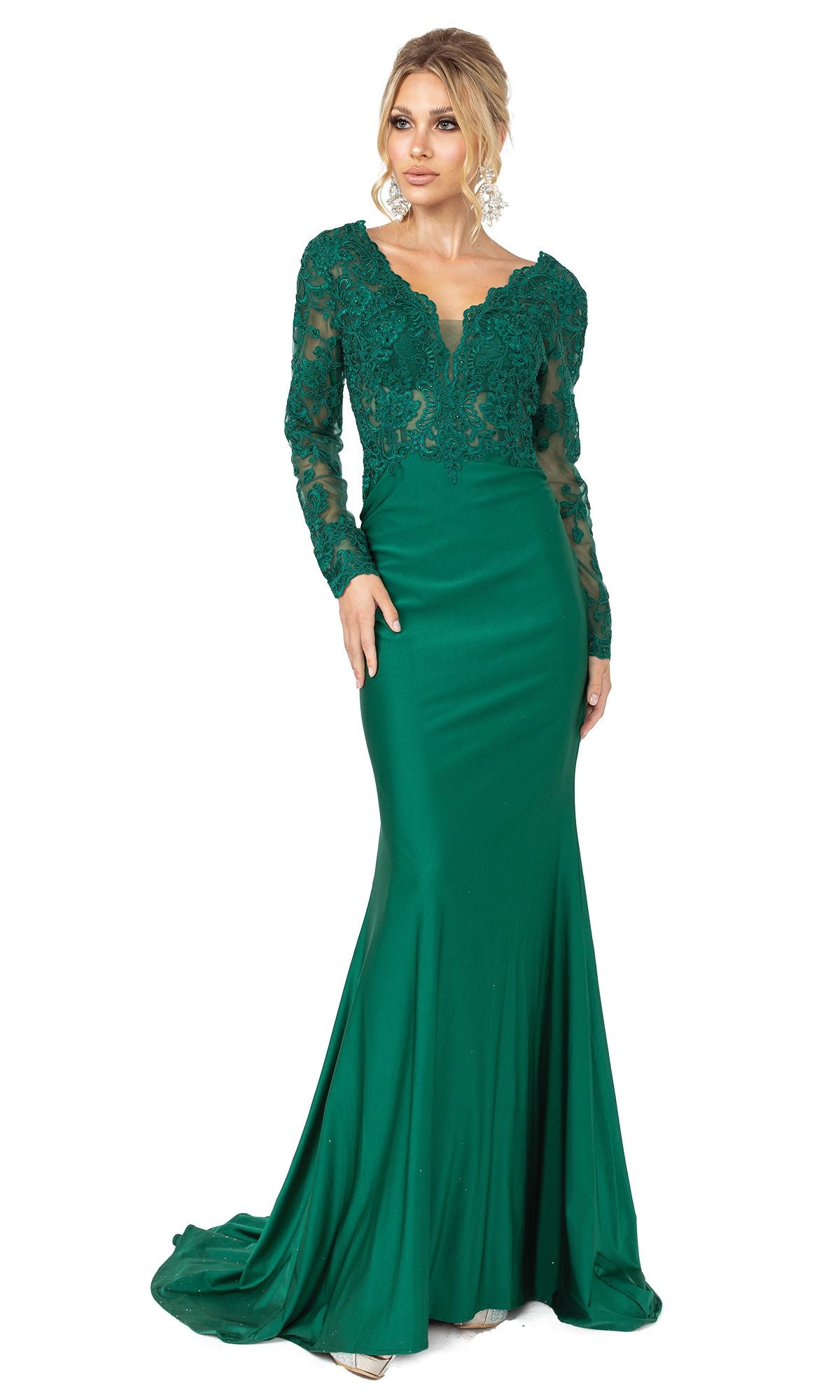 A woman wearing the Long Sleeve Long Formal Prom Dress with Lace 4124—a floor-length green gown featuring lace on the bodice and sleeves—stands against a white background.